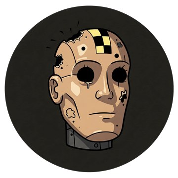 Brisket's badge: a cartoon crash-test dummy head with a checkered patch and dents.