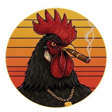 Champ Chicharrón's badge: a black rooster with a gold chain smoking a cigar in front of a sunset.