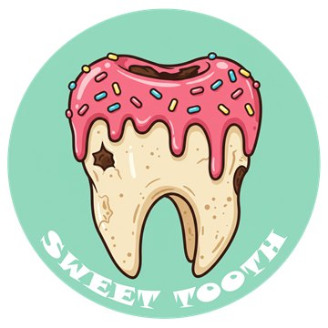 Sweet Tooth's badge: a cartoon tooth glazed like a donut with sprinkles and a cavity.