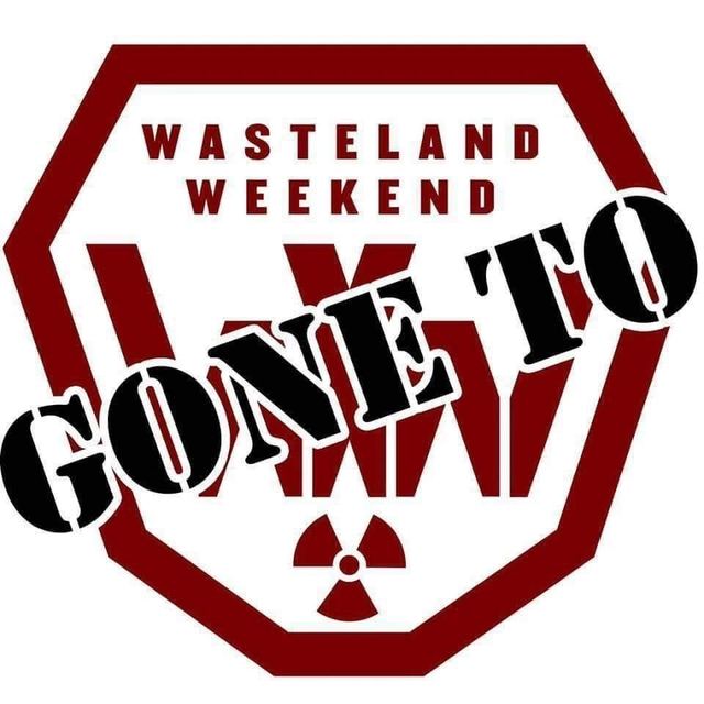 A red and white graphic reading GONE TO WASTELAND WEEKEND with a radiation symbol.